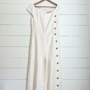 Gal Meets Glam cream wide leg linen blend jumpsuit with buttons down one side